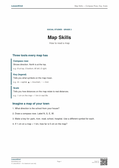 Preview of Map Skills — Compass Rose, Key, Scale