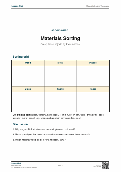 Preview of Materials Sorting Worksheet