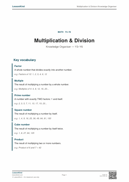 Preview of Multiplication & Division Knowledge Organiser
