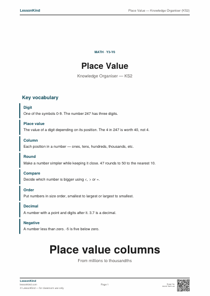 Preview of Place Value — Knowledge Organiser (KS2)