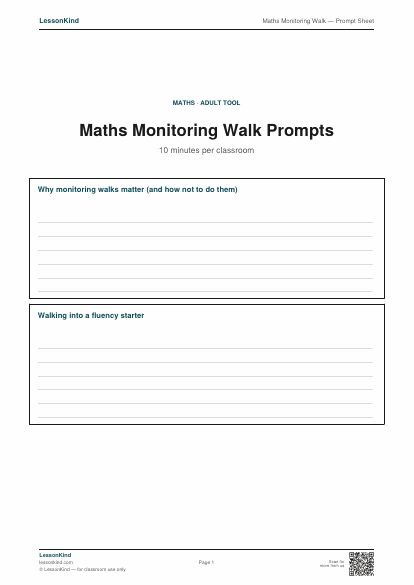 Preview of Maths Monitoring Walk — Prompt Sheet