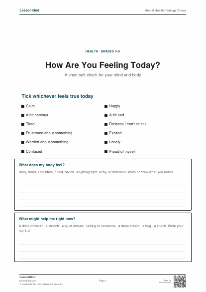 Preview of Mental Health Feelings Check