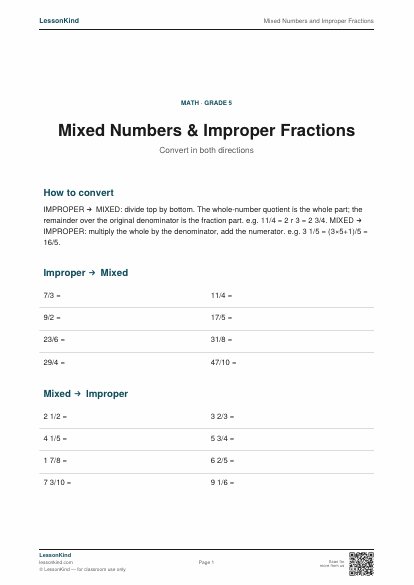 Preview of Mixed Numbers and Improper Fractions