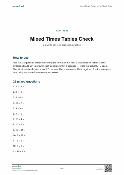 Preview of Mixed Times Tables — Y4 Check Style