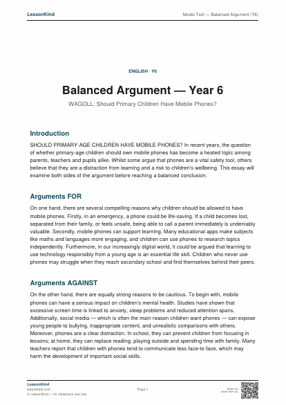 Preview of Model Text — Balanced Argument (Y6)