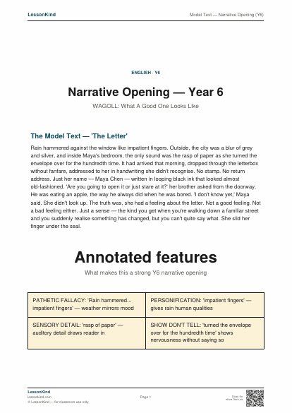 Preview of Model Text — Narrative Opening (Y6)