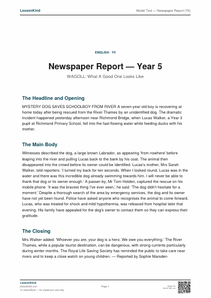 Preview of Model Text — Newspaper Report (Y5)