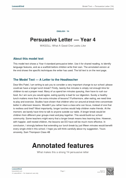 Preview of Model Text — Persuasive Letter (Y4)