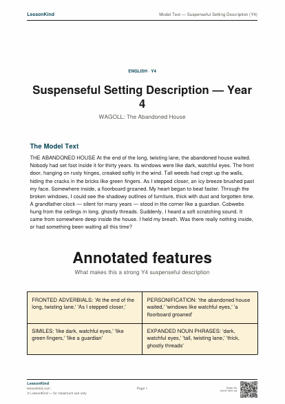 Preview of Model Text — Suspenseful Setting Description (Y4)