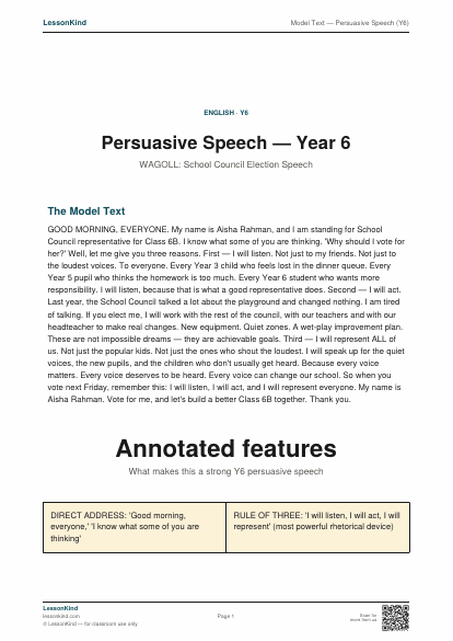 Preview of Model Text — Persuasive Speech (Y6)