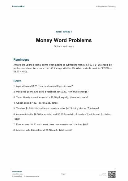 Preview of Money Word Problems