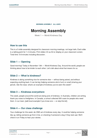 Preview of Morning Assembly Week 1 — World Kindness Day