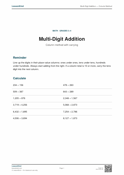 Preview of Multi-Digit Addition — Column Method