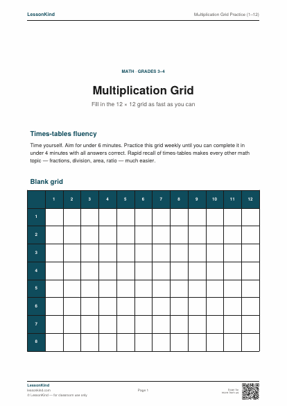 Preview of Multiplication Grid Practice (1–12)