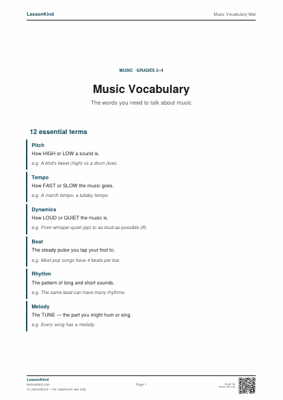 Preview of Music Vocabulary Mat