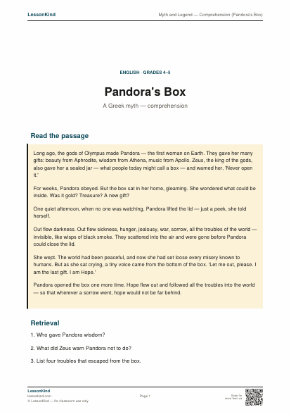 Preview of Myth and Legend — Comprehension (Pandora's Box)