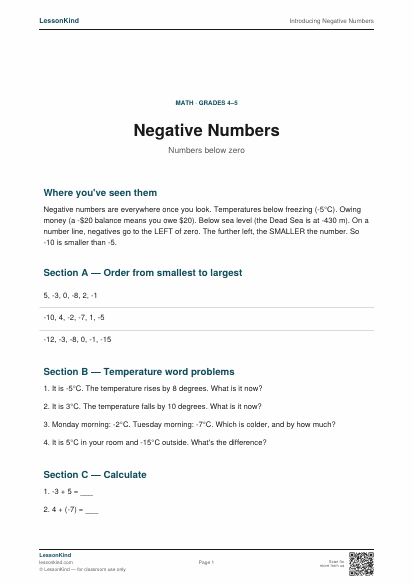 Preview of Introducing Negative Numbers