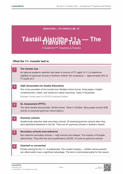 First page preview of The NI 11+ Transfer Test — A Guide for P7 Teachers and Parents