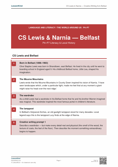First page preview of CS Lewis & Narnia — Creative Writing from Belfast