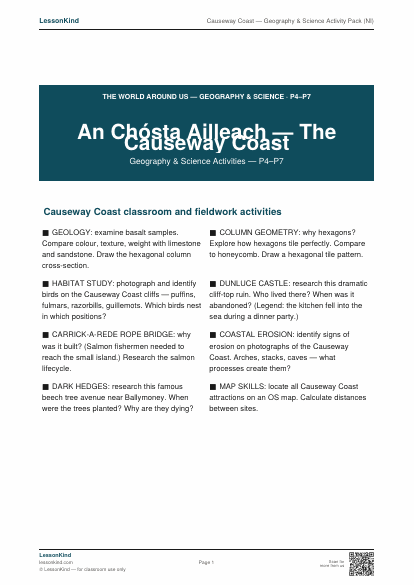 First page preview of Causeway Coast — Geography & Science Activity Pack (NI)