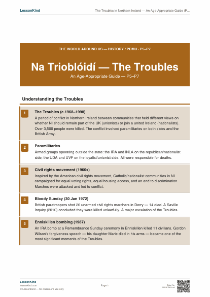 First page preview of The Troubles in Northern Ireland — An Age-Appropriate Guide (P5–P7)