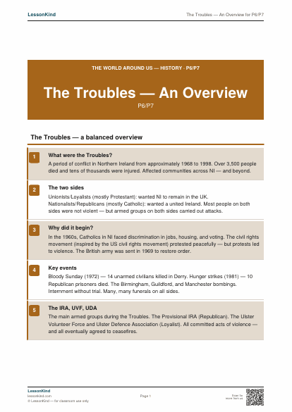 First page preview of The Troubles — An Overview for P6/P7