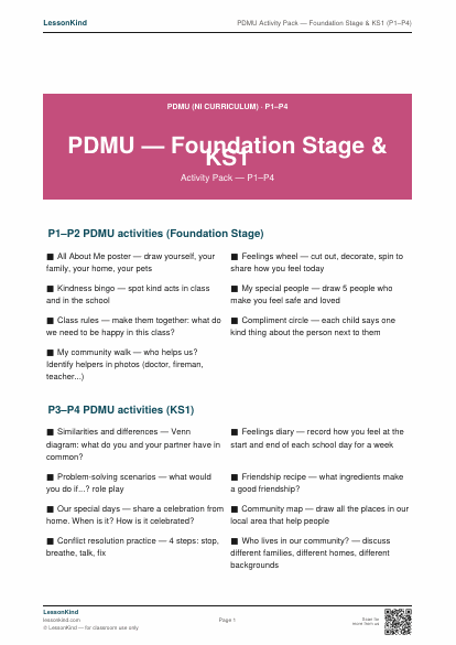 First page preview of PDMU Activity Pack — Foundation Stage & KS1 (P1–P4)
