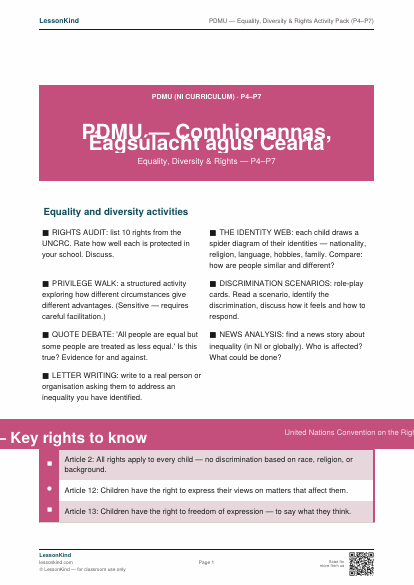 First page preview of PDMU — Equality, Diversity & Rights Activity Pack (P4–P7)