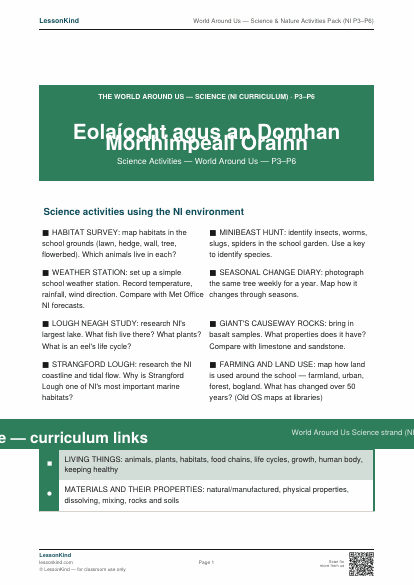 First page preview of World Around Us — Science & Nature Activities Pack (NI P3–P6)