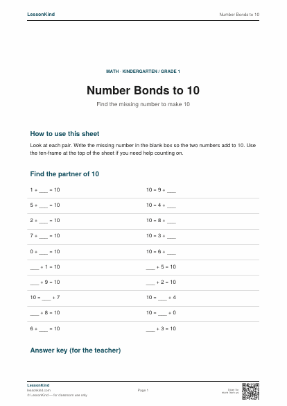 Preview of Number Bonds to 10