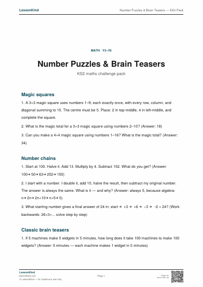 Preview of Number Puzzles & Brain Teasers — KS2 Pack