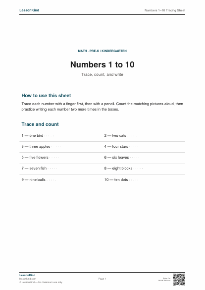 Preview of Numbers 1–10 Tracing Sheet