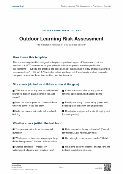 Preview of Outdoor Learning Risk Assessment — Pre-Session Checklist
