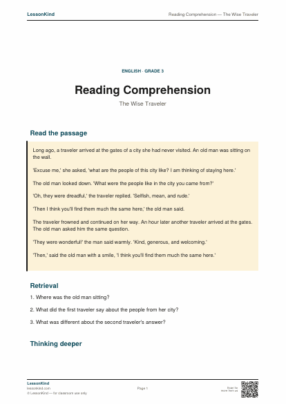 Preview of Reading Comprehension — The Wise Traveler