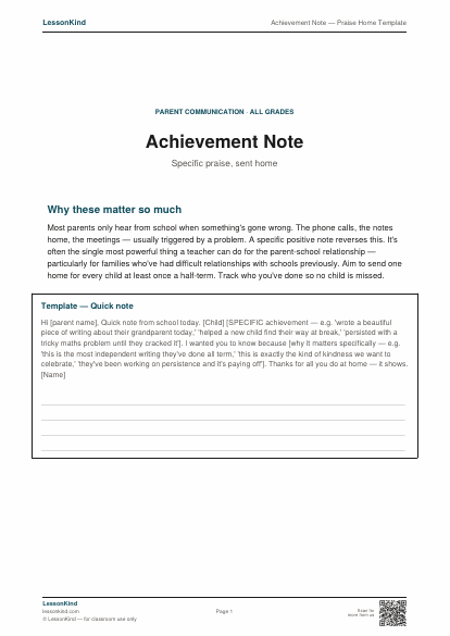 Preview of Achievement Note — Praise Home Template