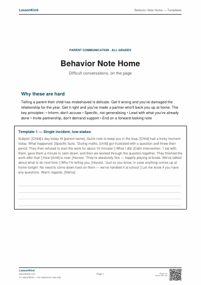 Preview of Behavior Note Home — Templates