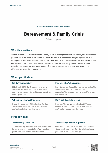 Preview of Bereavement & Family Crisis — School Response