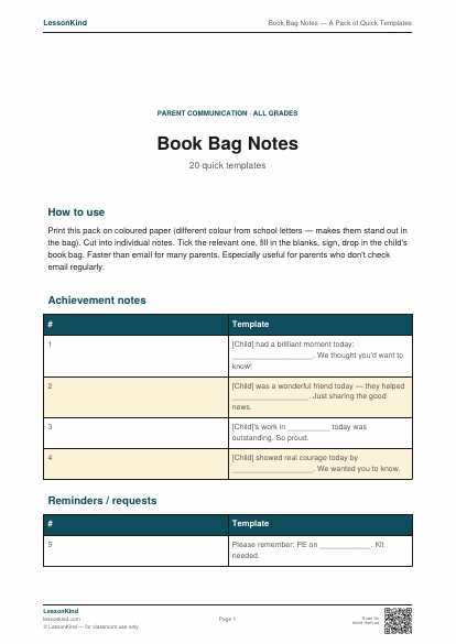 Preview of Book Bag Notes — A Pack of Quick Templates