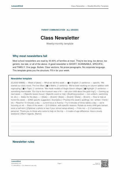 Preview of Class Newsletter — Weekly/Monthly Template