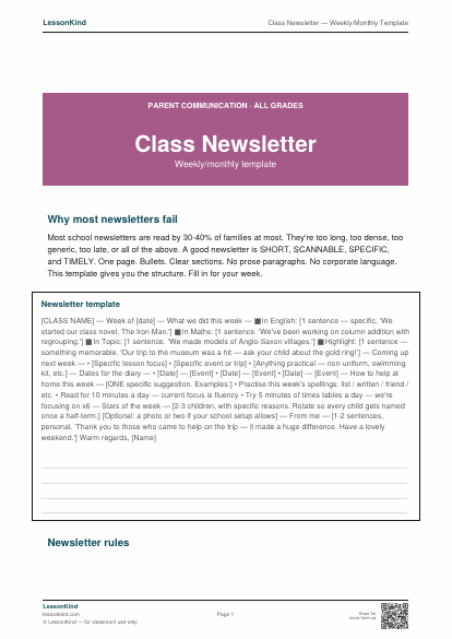 Preview of Class Newsletter — Weekly/Monthly Template