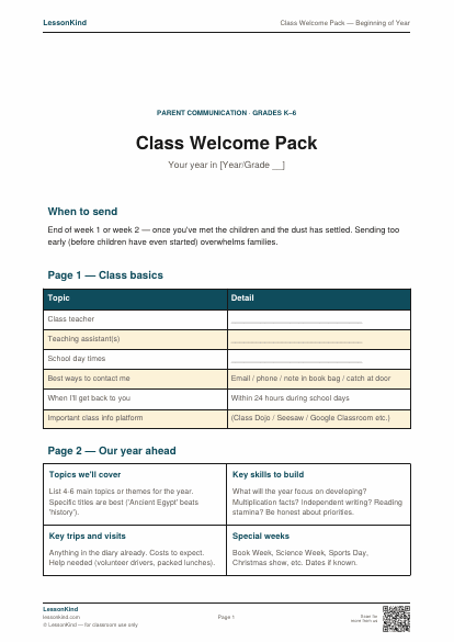 Preview of Class Welcome Pack — Beginning of Year