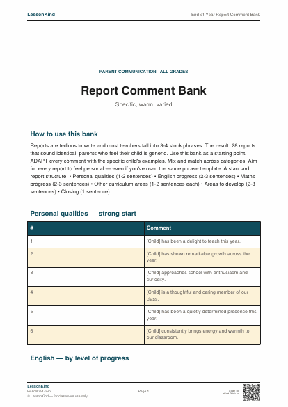 Preview of End-of-Year Report Comment Bank