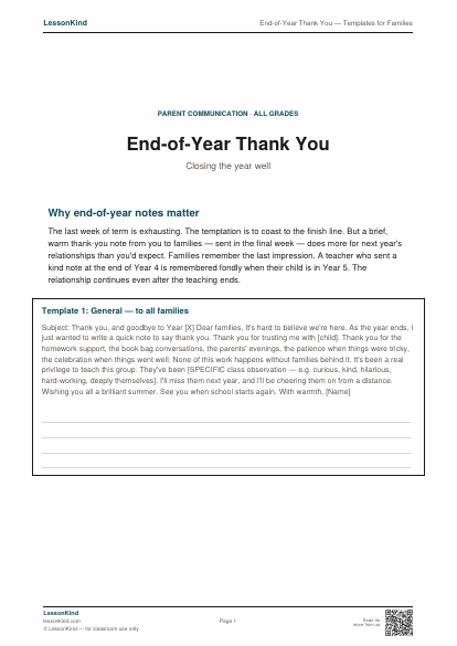 Preview of End-of-Year Thank You — Templates for Families