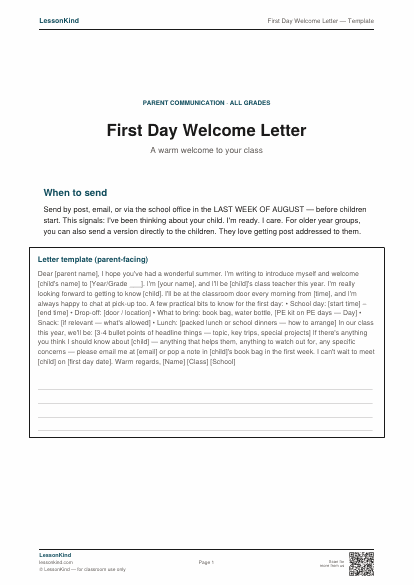 Preview of First Day Welcome Letter — Template