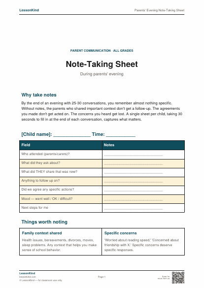 Preview of Parents' Evening Note-Taking Sheet