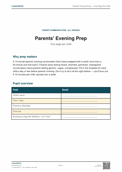 Preview of Parents' Evening Prep — One Page Per Child
