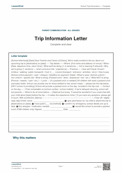 Preview of School Trip Information — Template