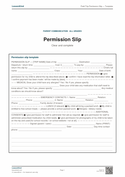 Preview of Field Trip Permission Slip — Template