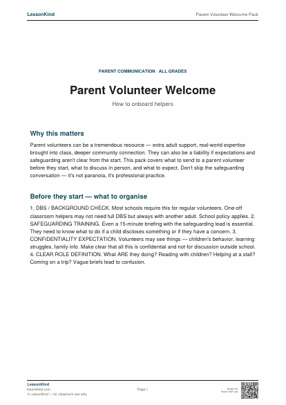 Preview of Parent Volunteer Welcome Pack