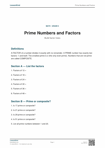 Preview of Prime Numbers and Factors